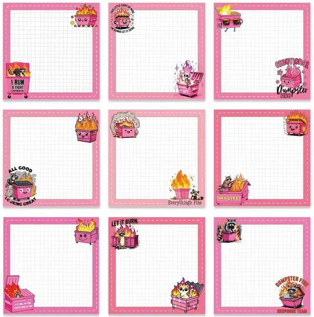Main image of Pink Dumpster Fire Sticky Notes 3x3 Gifts for Work 9-Pack | Pink Dumpster Fire Notepads, 450 Sheets Total Rich Designs, High Quality, Everything is Fine Theme, Work Gag Gifts