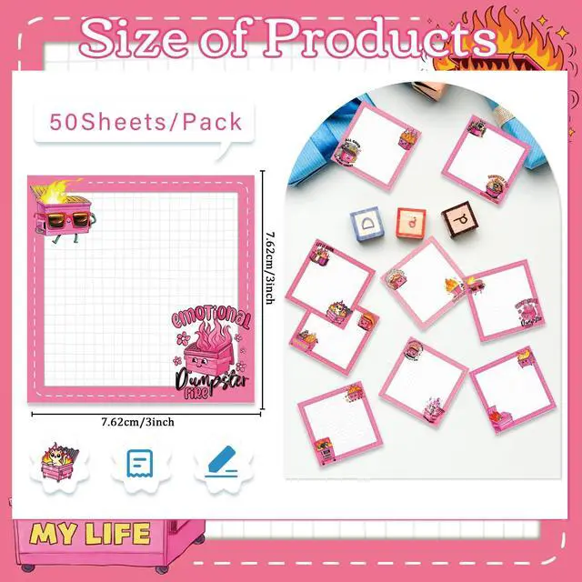 Alt view image 2 of 6 - Pink Dumpster Fire Sticky Notes 3x3 Gifts for Work 9-Pack | Pink Dumpster Fire Notepads, 450 Sheets Total Rich Designs, High Quality, Everything is Fine Theme, Work Gag Gifts