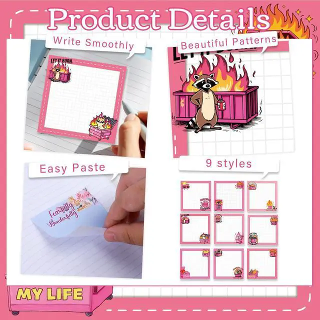 Alt view image 3 of 6 - Pink Dumpster Fire Sticky Notes 3x3 Gifts for Work 9-Pack | Pink Dumpster Fire Notepads, 450 Sheets Total Rich Designs, High Quality, Everything is Fine Theme, Work Gag Gifts
