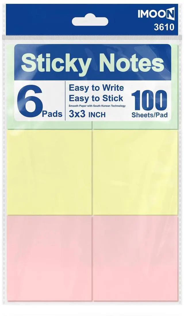 Main image of 600 Sheets Self-Adhesive Pastel Sticky Notes 3x3 Inch, 6 Pads (100 Sheets Each), Premium Smooth Notes Pad, Easy to Stick, Remove & Reposition, Ideal for Office, School, and Home Use (3610)