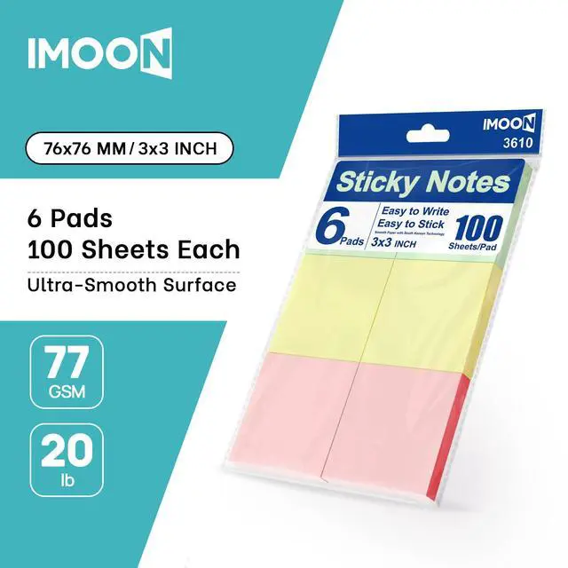 Alt view image 2 of 7 - 600 Sheets Self-Adhesive Pastel Sticky Notes 3x3 Inch, 6 Pads (100 Sheets Each), Premium Smooth Notes Pad, Easy to Stick, Remove & Reposition, Ideal for Office, School, and Home Use (3610)