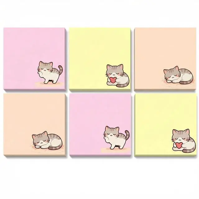Main image of Cute Kawaii Kitten Sticky Notes 3x3 Inch 6 Pads 80 Sheets Memo Pads | 6 pads Kitten kawaii sticky notes, strong residue-free adhesive, for school office home note taking reminders