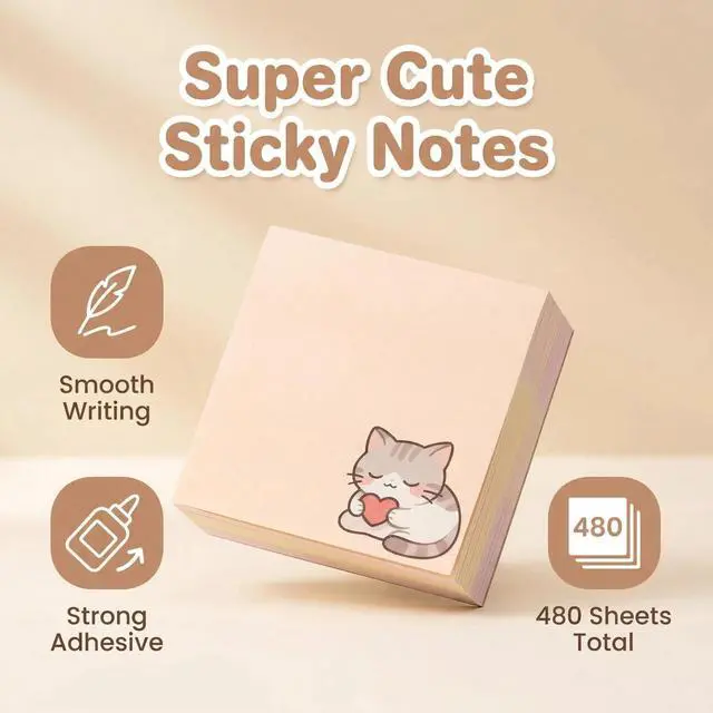 Alt view image 2 of 7 - Cute Kawaii Kitten Sticky Notes 3x3 Inch 6 Pads 80 Sheets Memo Pads | 6 pads Kitten kawaii sticky notes, strong residue-free adhesive, for school office home note taking reminders