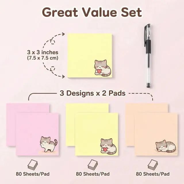 Alt view image 4 of 7 - Cute Kawaii Kitten Sticky Notes 3x3 Inch 6 Pads 80 Sheets Memo Pads | 6 pads Kitten kawaii sticky notes, strong residue-free adhesive, for school office home note taking reminders