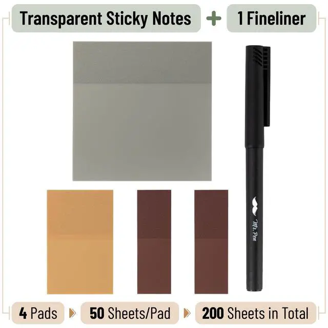 Alt view image 2 of 7 - Transparent Sticky Notes Set, 200 Sheets | Transparent Sticky Notes and Planner Tabs with Black Fineliner Pen for Bible Study, Office, School, Planning