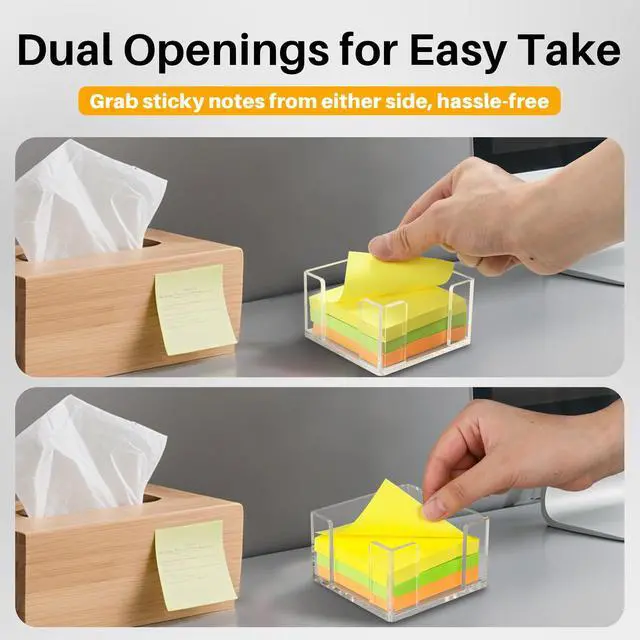 Alt view image 3 of 7 - Acrylic Sticky Note Holder, 3x3 Inch Clear Dual Openings Square Notepad Organizer with Anti-Slip Base, Sticky Note Dispenser Memo Holder Case for Desk Office School Supplies(No Pads)