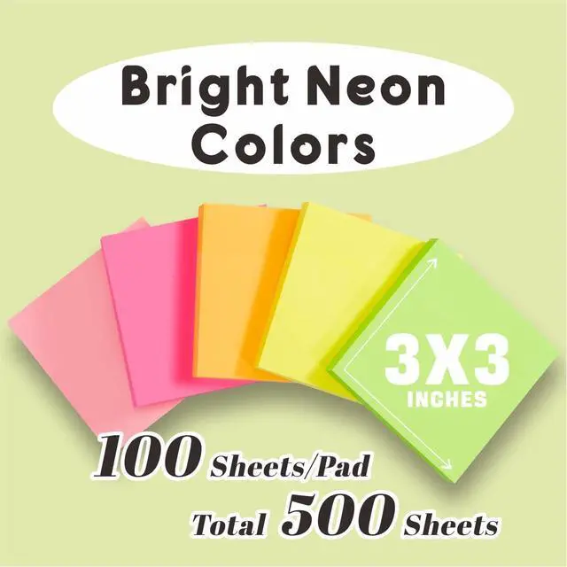 Alt view image 2 of 7 - Neon Sticky Notes 3x3 inch, 5 Pads, 100 Sheets/Pad, Bright Self-Stick Notes with Strong Adhesive, Eco-Friendly Recyclable Paper for Office, School and Home, 5 Colors