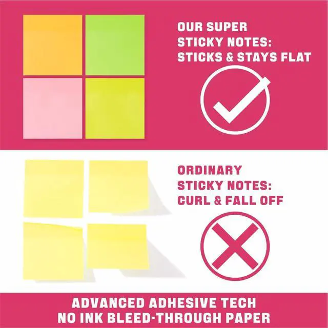 Alt view image 4 of 7 - Neon Sticky Notes 3x3 inch, 5 Pads, 100 Sheets/Pad, Bright Self-Stick Notes with Strong Adhesive, Eco-Friendly Recyclable Paper for Office, School and Home, 5 Colors