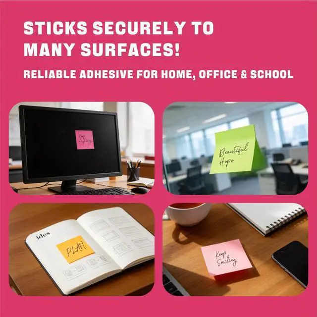 Alt view image 5 of 7 - Neon Sticky Notes 3x3 inch, 5 Pads, 100 Sheets/Pad, Bright Self-Stick Notes with Strong Adhesive, Eco-Friendly Recyclable Paper for Office, School and Home, 5 Colors
