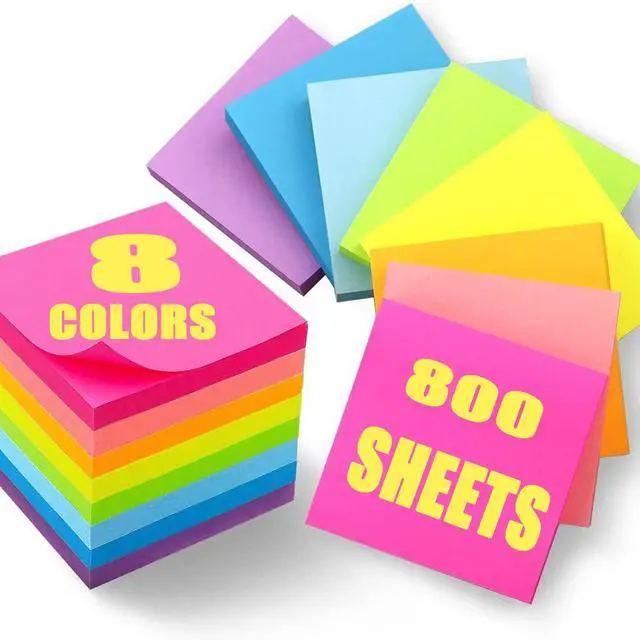 Main image of 800 Sheets Sticky Notes 3x3 Inches Bright Colors Self-Stick Pads 100 Sheets/Pads Index Memo Pad for Home and School Offices (8 Pack)