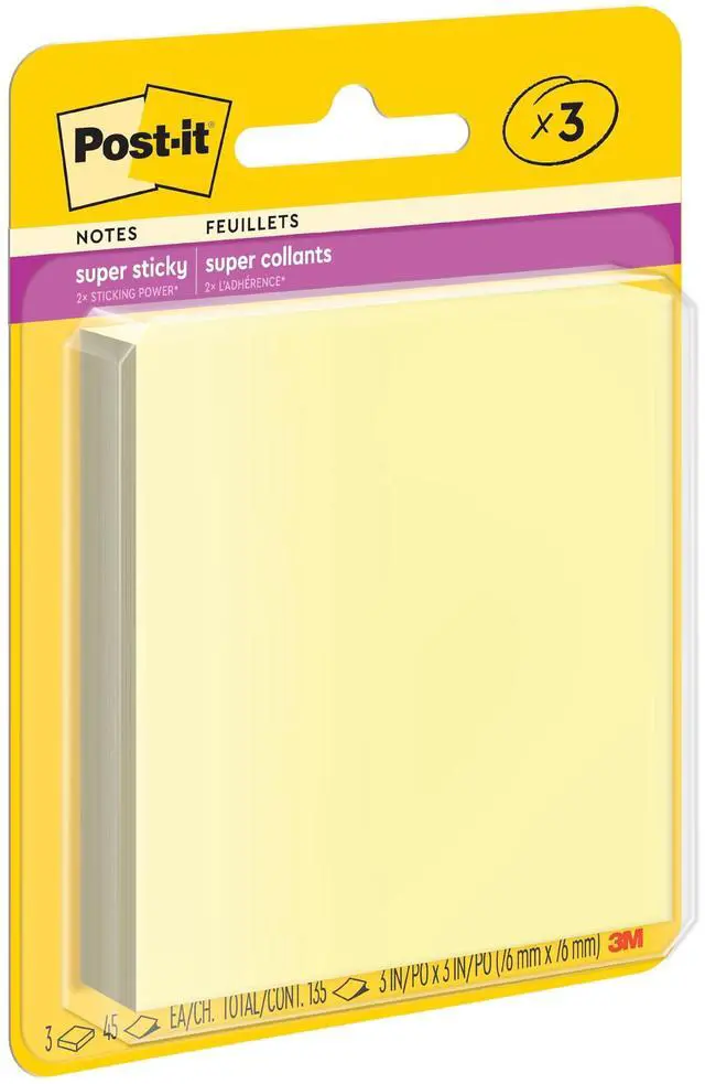 Main image of Super Sticky Notes, 3 x 3 in, Canary Yellow, 3 Pads, 45 Sheets/Pad | School Supplies and Oce Supplies, 2X the Sticking Power