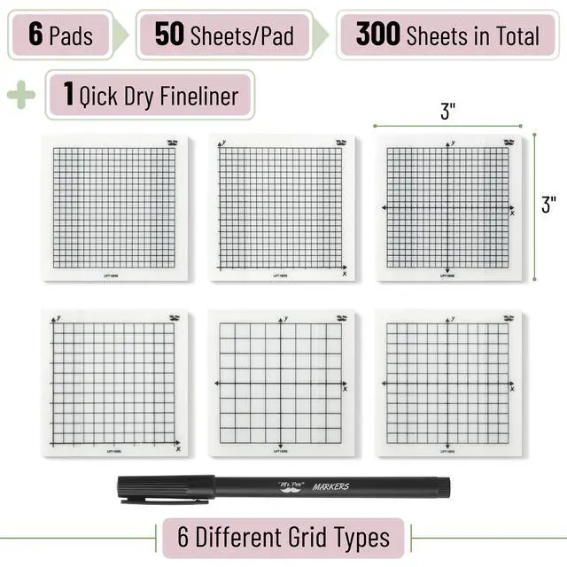 Alt view image 2 of 7 - Transparent Graph Sticky Notes, 3x3 Inch, 6 Pads, 50 Sheets/Pad | 6 Grid Designs, Square Graph Paper Notes & Fineliner, Waterproof Grid Sticky Note Pads for Math, Study, Journals, Planners