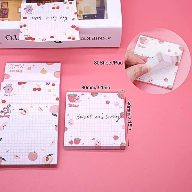 Alt view image 2 of 7 - Cute Kawaii Sticky Notes 3.1x3.1in 4Pads 80Sheets/Pad | Self-Stick Note Pads Cute Colorful Super Sticky Note Pads 4 Unique Cute Patterns,Fruits Sticky Notes