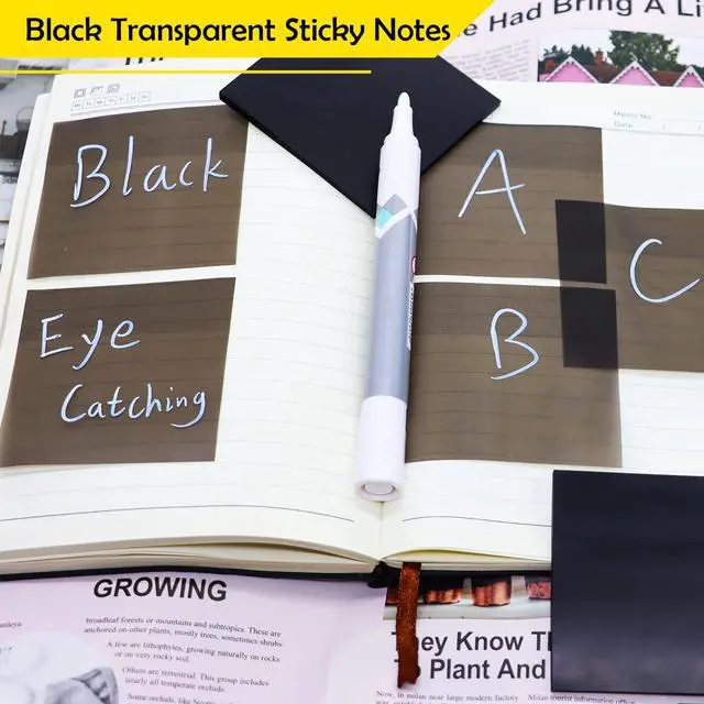 Alt view image 5 of 6 - 200 Sheets Transaprent Sticky Notes 3" X 3" for School Office Supplies | Black Translucent PET Material Design Reveals Underlying Text for School Study & Office Reminders