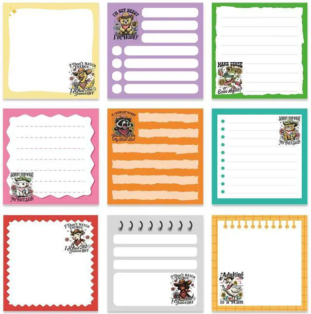 Main image of Funny Animal Sticky Notes 3x3 Gifts for Work 9-Pack | Funny Animal Notepads, 450 Sheets Total Rich Designs, High Quality, Sarcastic Theme, Work Gag Gifts