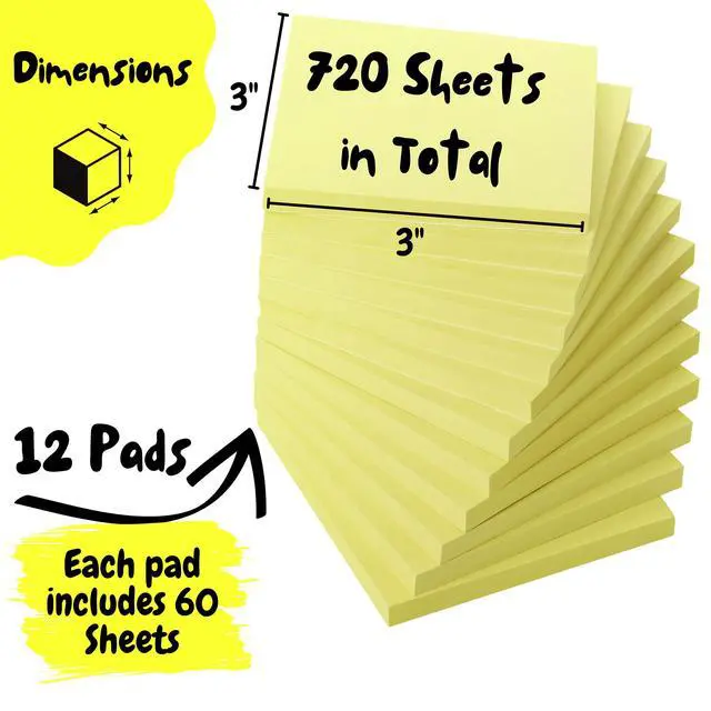 Alt view image 2 of 7 - Sticky Notes, 3"x3", 12 Pads, 720 Sheets, Pastel Yellow Colors | Sticky Notes Bulk, Self-Stick Note Pads, Perfect for Office, School, Home, Study & Organization