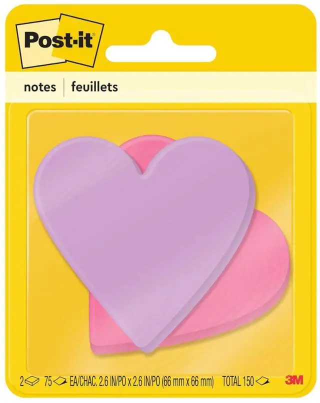 Main image of Sticky Notes, Heart, 2.6 x 2.6 in, 2 Pads, 75 Sheets Per Pad | Cute Pink and Purple Heart Shaped Sticky Notes