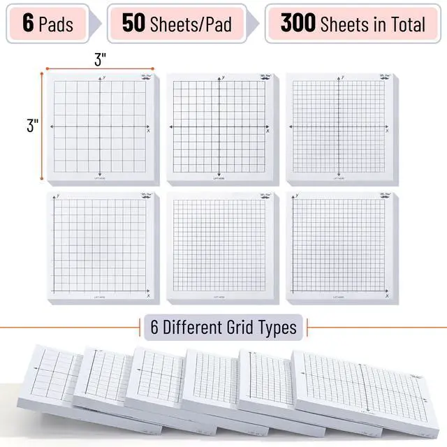 Alt view image 2 of 7 - Graph Sticky Notes, 3x3 Inch, 6 Pads, 50 Sheets/Pad, 300 Sheets | 6 Grid Designs, White, Square Graph Paper Notes, Grid Sticky Note Pads for Math, Study, Journals, Planners