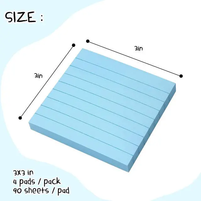 Alt view image 2 of 7 - Lined Sticky Notes 3x3 in Self-Adhesive, 4 Pads, 90 Sheets/Pad (Light Blue) | Strong Self-Adhesive Backing, Sticks Firmly and Removes Cleanly