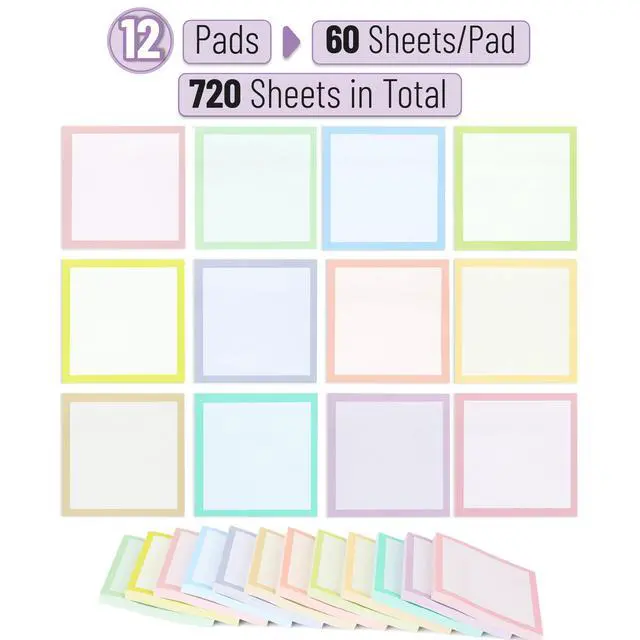 Alt view image 2 of 7 - Bulk Sticky Notes, 3"x3", 12 Pads, 60 Sheets/Pad, 720 Sheets | Colorful Sticky Notes, Post Stickies, Memo Pads, Self-Stick Note Pad for Office, School, Home, Study