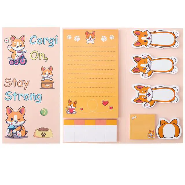 Main image of Corgi On Stay Strong Sticky Notes Set, 550 Sheets | Cute Cartoon Corgis Self-Stick Notes Pads, Animal Divider Tabs Bundle, Writing Memo Pads, School Office Supplies