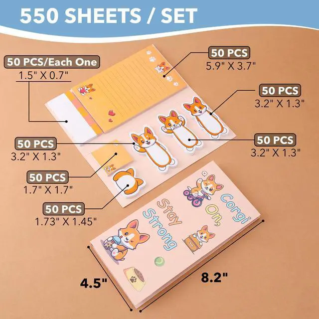Alt view image 2 of 7 - Corgi On Stay Strong Sticky Notes Set, 550 Sheets | Cute Cartoon Corgis Self-Stick Notes Pads, Animal Divider Tabs Bundle, Writing Memo Pads, School Office Supplies