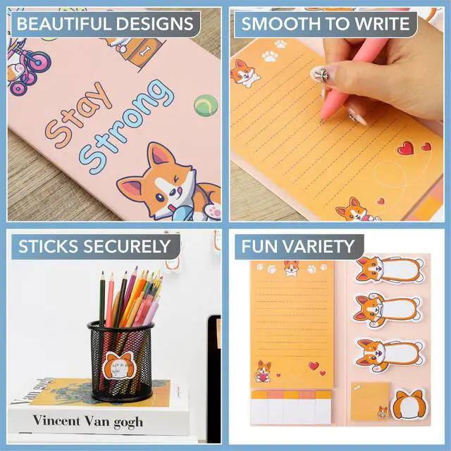 Alt view image 6 of 7 - Corgi On Stay Strong Sticky Notes Set, 550 Sheets | Cute Cartoon Corgis Self-Stick Notes Pads, Animal Divider Tabs Bundle, Writing Memo Pads, School Office Supplies