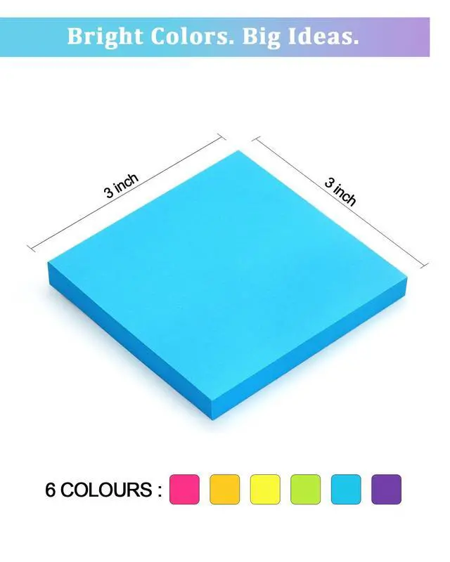 Alt view image 2 of 6 - 6 Pack Bright Color Sticky Notes 3x3 Inch, 100 Sheets/Pad 600 Total, Adhesive Memo Pads for Office School Home Organization