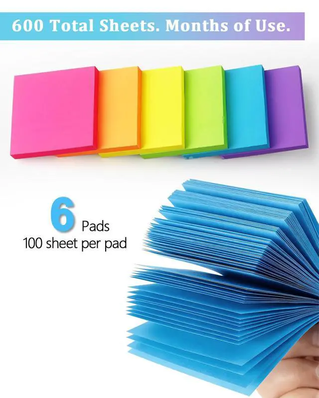 Alt view image 3 of 6 - 6 Pack Bright Color Sticky Notes 3x3 Inch, 100 Sheets/Pad 600 Total, Adhesive Memo Pads for Office School Home Organization