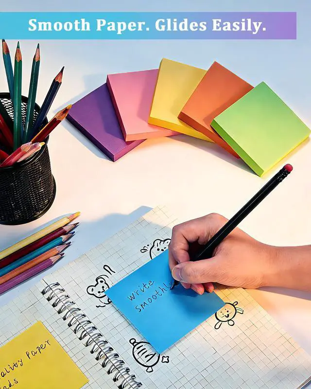 Alt view image 5 of 6 - 6 Pack Bright Color Sticky Notes 3x3 Inch, 100 Sheets/Pad 600 Total, Adhesive Memo Pads for Office School Home Organization