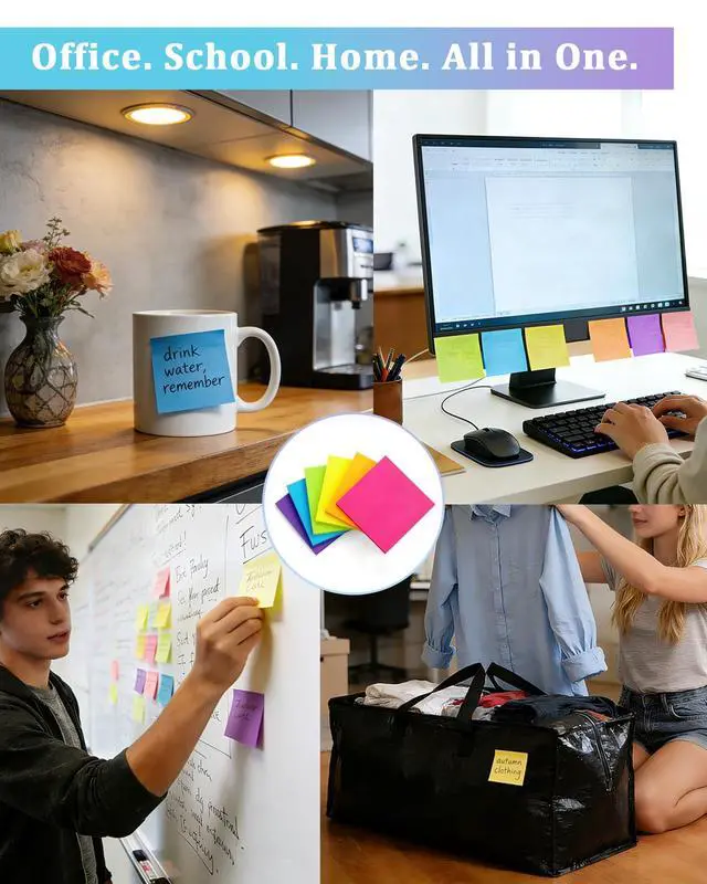 Alt view image 6 of 6 - 6 Pack Bright Color Sticky Notes 3x3 Inch, 100 Sheets/Pad 600 Total, Adhesive Memo Pads for Office School Home Organization