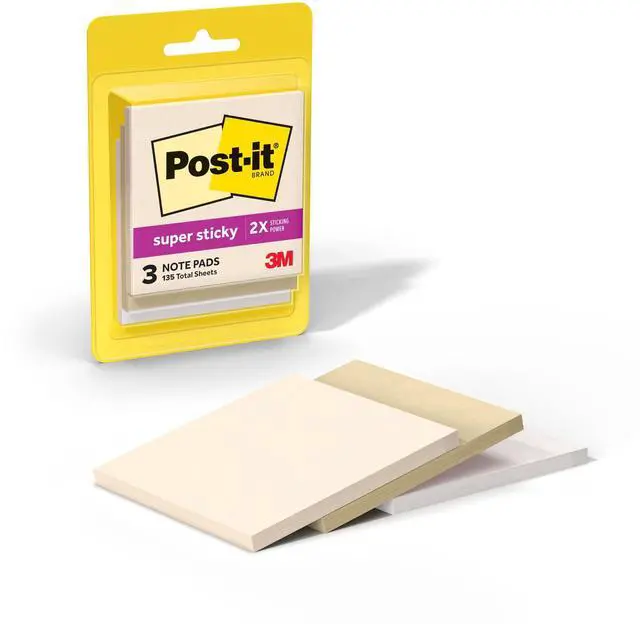Main image of Super Sticky Notes, 3 x 3 in, Neutrality, 3 Pads, 45 Sheets/Pad | School Supplies and Oce Supplies, 2X the Sticking Power