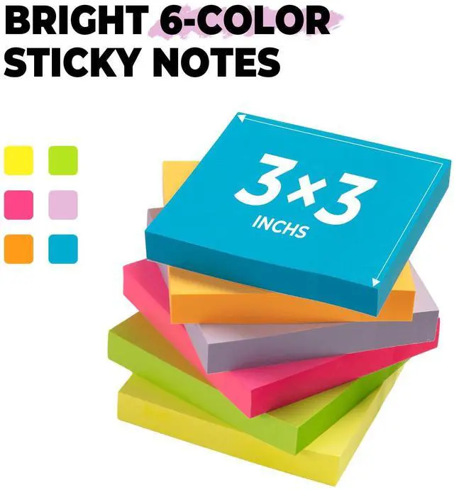 Alt view image 2 of 7 - 6 Pads Sticky Notes 3x3 Inch, Self Sticky Notes 6 Bright Colors Easy to Stick Office and School Supplies for Home, Desk, and Notebook Use, 120 Sheets/Pad