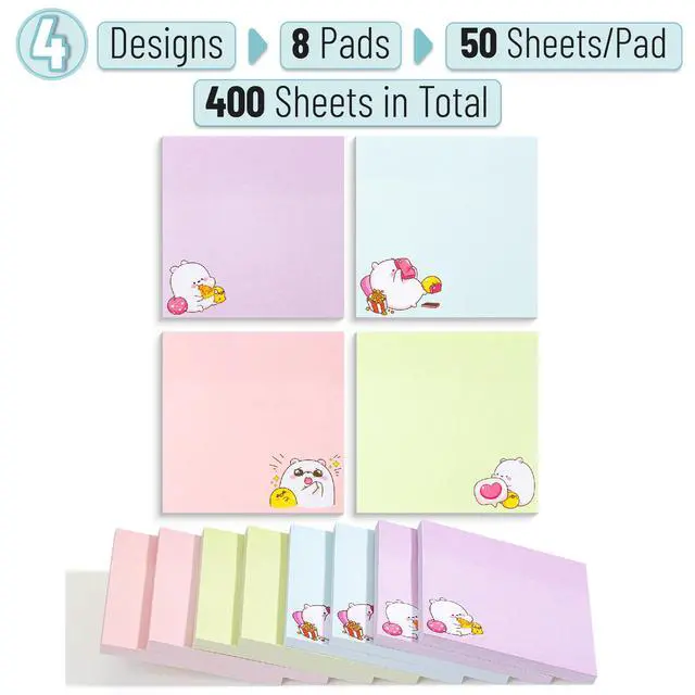 Alt view image 2 of 7 - Aesthetic Sticky Notes, 3"x3", 8 Pads, 400 Sheets, 4 Designs | Cute Bear Sticky Notes, Self-Stick Note Pads Aesthetic, Perfect for Office, School, Home, Study & Organization