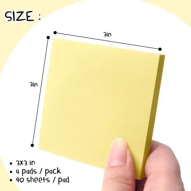 Alt view image 3 of 7 - Sticky Notes 3x3 with Bright Colors, 4 Pads 90 Sheets/Pad (Yellow) | Bright Yellow Self-Stick Notes Pads, 360 Sheets Total, Easy to Stick and Remove, Perfect for Office, School and Home