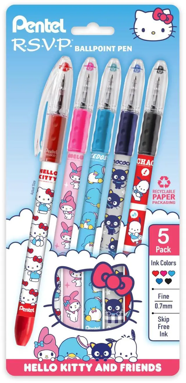Main image of RSVP Ballpoint Pen, Hello Kitty® and Friends, Limited Edition, Mix 2, 0.7mm Fine Line, Assorted Ink, 5-Pk (BK90HKPF5M1)