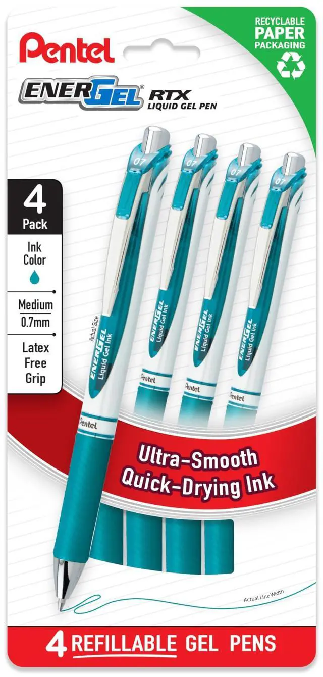 Main image of EnerGel RTX Liquid Gel Pens, Medium (0.7mm), Turquoise, 4-pk (BL77PF4S3)