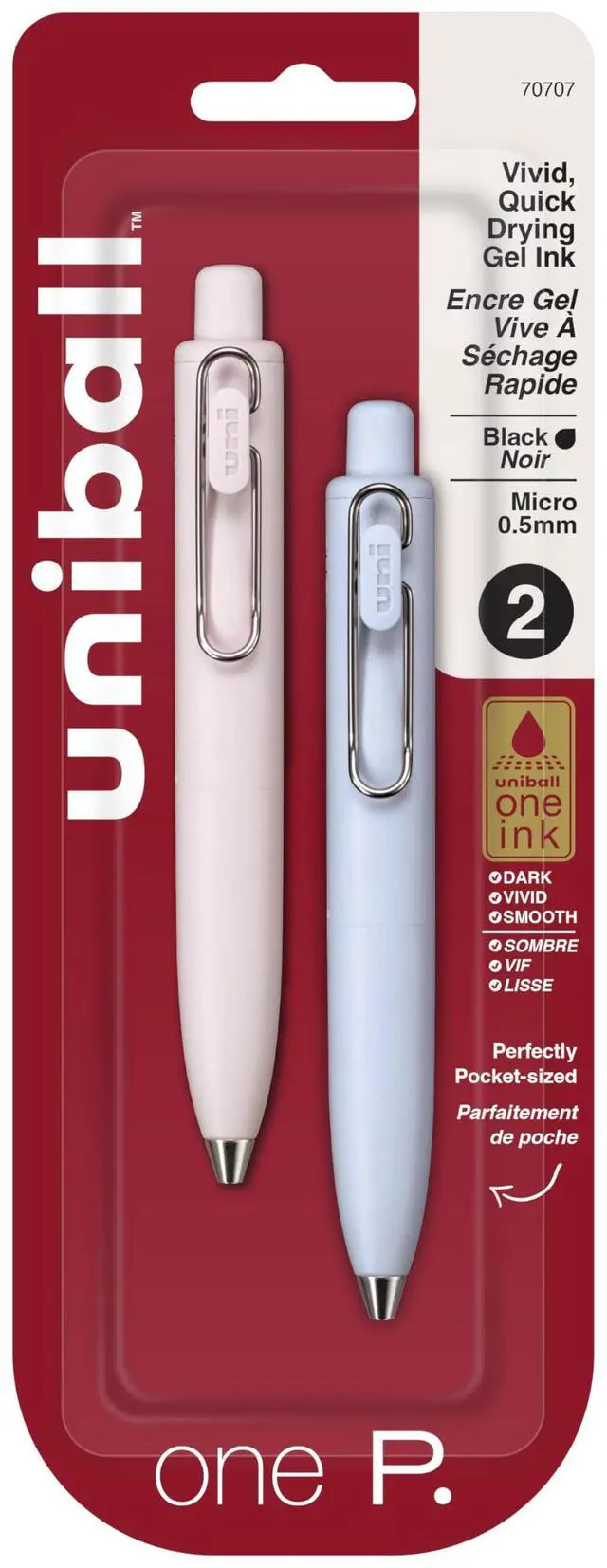 Main image of one P Retractable Gel Pens, Micro Point (0.5mm), Black, 2 Pack | Pocket-size design, ink stays on top of paper fibers for crisp lines, wire pocket clip, color indicator top, rubber grip