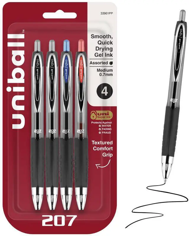 Main image of 207 Gel Pens, Assorted Ink, 0.7mm Medium Point, 4 Count | Retractable, Smooth Writing, Fraud-Resistant, uni Super Ink