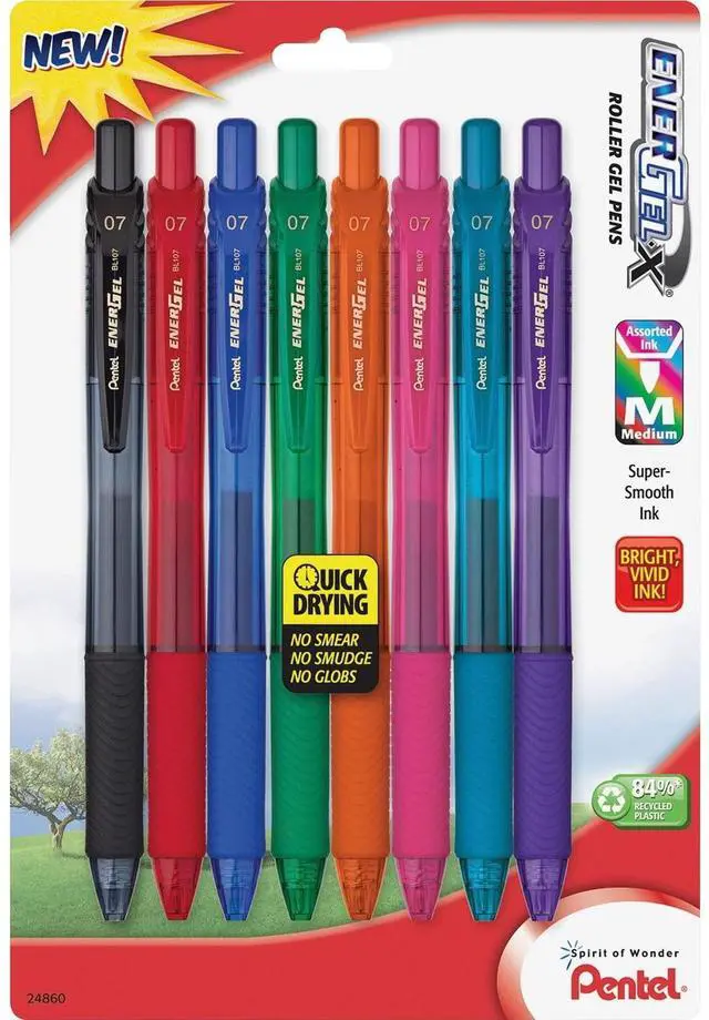 Main image of EnerGel-X Colors Retractable Liquid Gel Pen, 0.7mm, Metal Tip, Assorted Ink, 8 Pack (BL107CRBP8M)