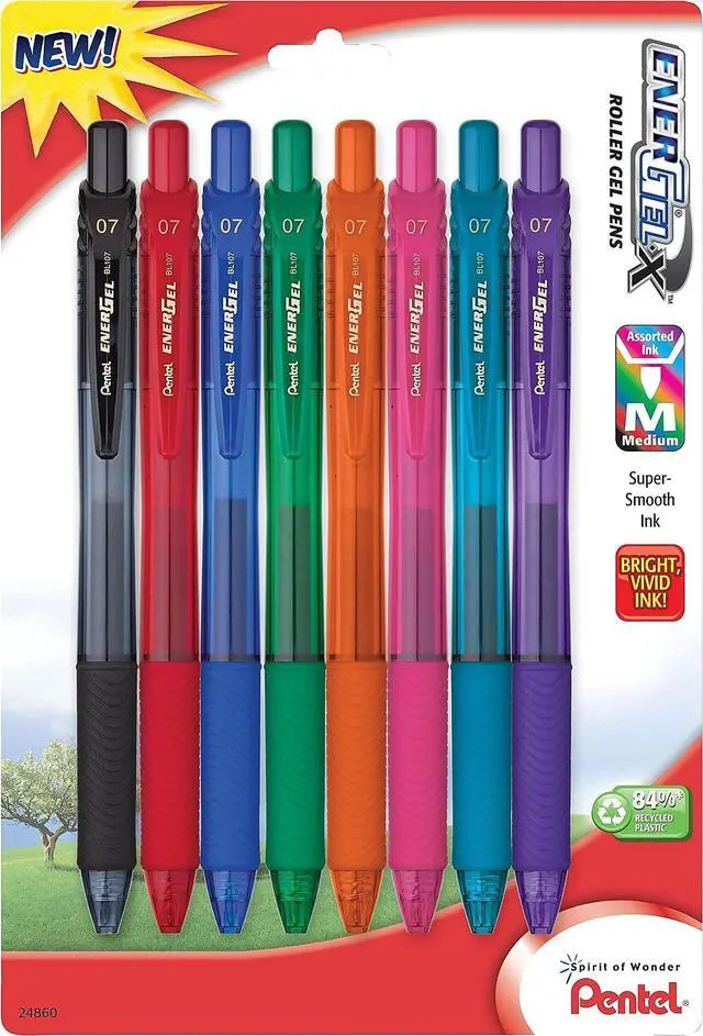 Alt view image 2 of 2 - EnerGel-X Colors Retractable Liquid Gel Pen, 0.7mm, Metal Tip, Assorted Ink, 8 Pack (BL107CRBP8M)