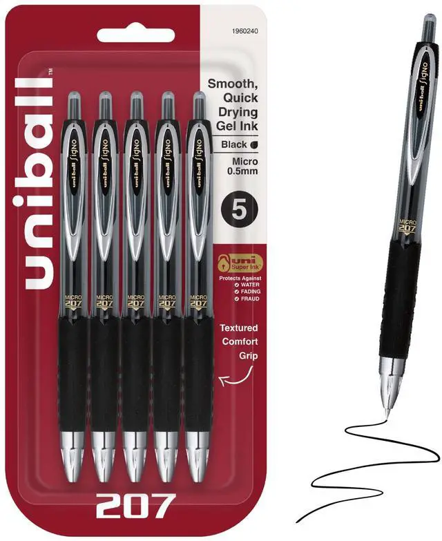 Main image of 207 Gel Pens, Black Ink, 0.5mm Micro Point, Retractable, 5 Count | Smooth Writing, Fraud-Resistant, uni Super Ink