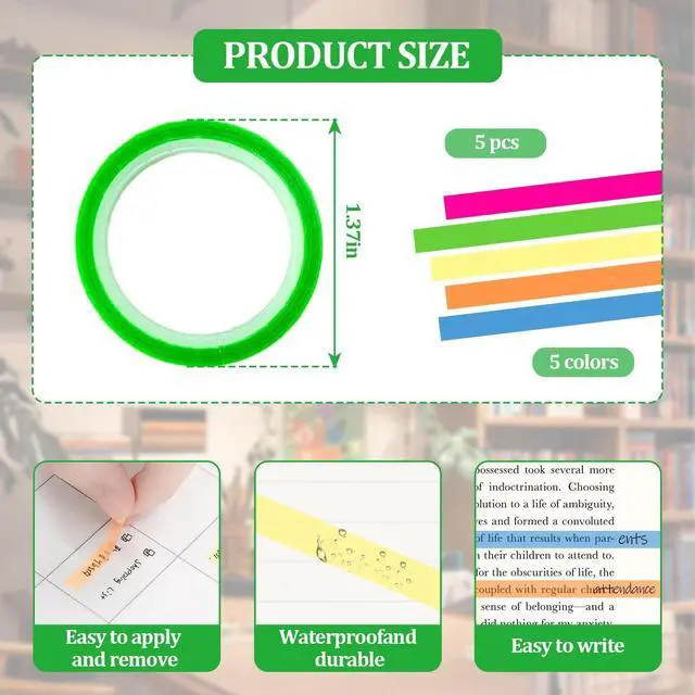 Alt view image 2 of 6 - 5 Rolls Highlighter Tapes, Colored Transparent Marking Sticker, Removable Fluorescent Neon Tape for Students Teachers Reading Taking Notes at Class Home Office