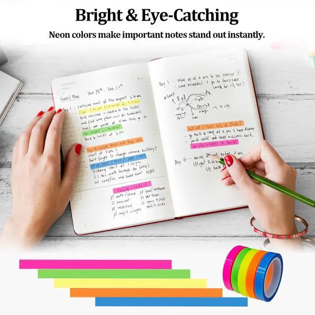 Alt view image 5 of 6 - 5 Rolls Highlighter Tapes, Colored Transparent Marking Sticker, Removable Fluorescent Neon Tape for Students Teachers Reading Taking Notes at Class Home Office