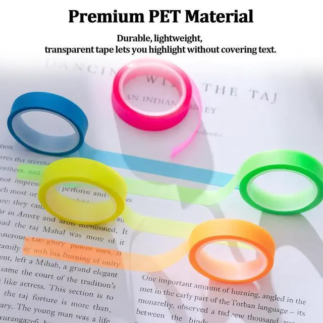 Alt view image 6 of 6 - 5 Rolls Highlighter Tapes, Colored Transparent Marking Sticker, Removable Fluorescent Neon Tape for Students Teachers Reading Taking Notes at Class Home Office