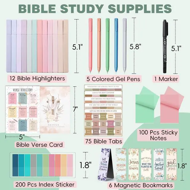 Alt view image 2 of 7 - 42 Bible Study Supplies Journaling Kit with Bible Highlighter, Green | Bible Study Kit for Women, Bible Accessories Helps Highlight Verses, Organize Notes and Deepen Faith Through Scripture Prayer