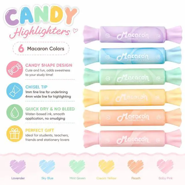 Alt view image 3 of 7 - Candy Shape Highlighters, Assorted colors,Chisel Tip,Water Based,Quick Dry& Write Smoothly 6 Macaron Colors (CANDY HIGHLIGHTER)