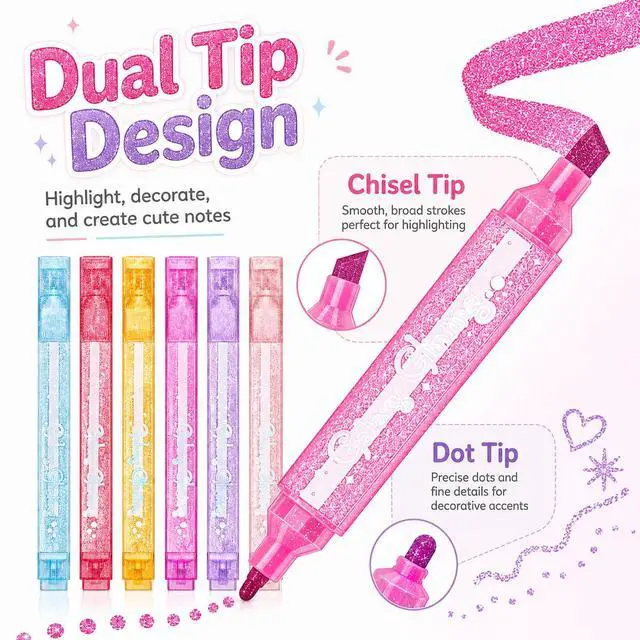 Alt view image 2 of 7 - Glitter Highlighters, Aesthetic Pink Sparkly Highlighters Assorted Colors | Dual Tip Glitter Highlighter, Cool Metallic Highlighters for Journal Planner, School Office Art Supplies