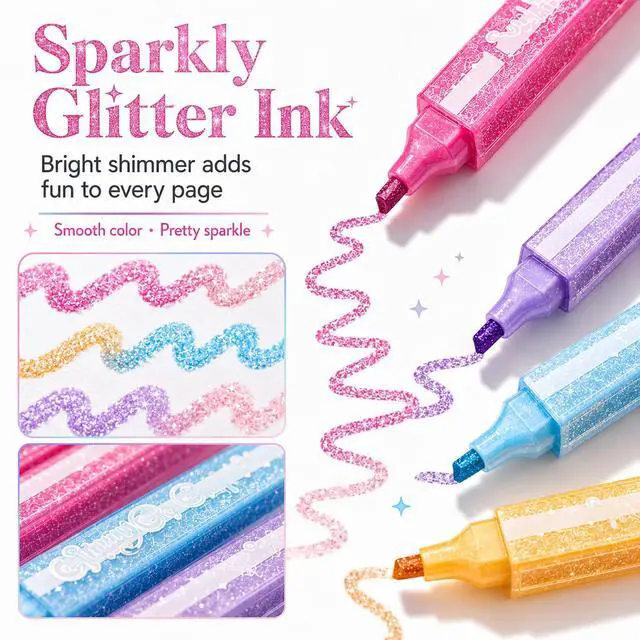 Alt view image 3 of 7 - Glitter Highlighters, Aesthetic Pink Sparkly Highlighters Assorted Colors | Dual Tip Glitter Highlighter, Cool Metallic Highlighters for Journal Planner, School Office Art Supplies