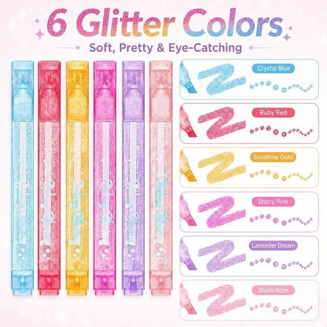 Alt view image 4 of 7 - Glitter Highlighters, Aesthetic Pink Sparkly Highlighters Assorted Colors | Dual Tip Glitter Highlighter, Cool Metallic Highlighters for Journal Planner, School Office Art Supplies